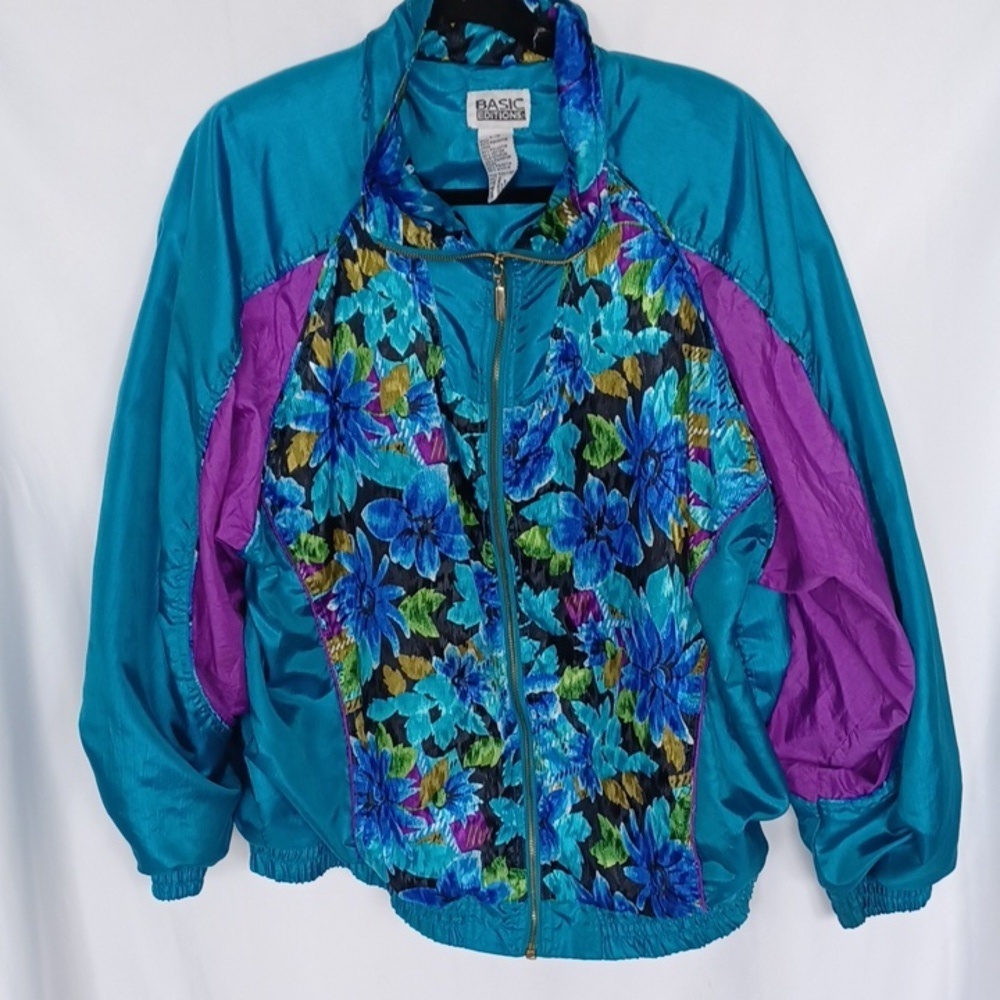 Vintage Multi Colored Windbraker, Turquoise/purple, Floral, Sz L, 25" PTP, 27"L